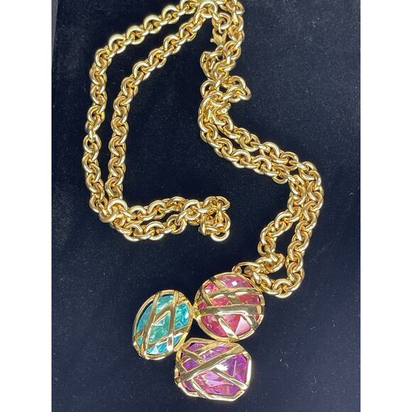 Vintage Gold Tone Chunky Rhinestone Necklace Statement 80's 90's 33in - Picture 1 of 3